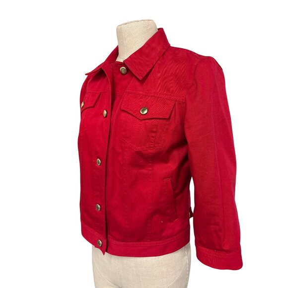 Chaps Red Denim Jacket Womens PM Gold Button Details Cotton Made In Indonesia - Picture 4 of 13